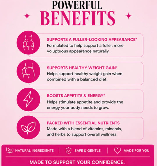 Pink infographic listing benefits of a product on a pink background