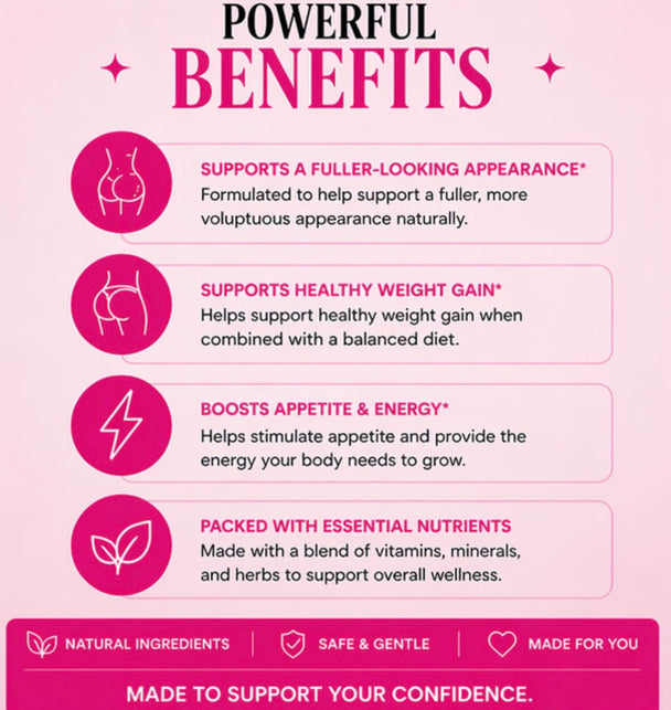 Pink infographic listing benefits of a product on a pink background