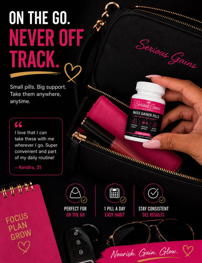 Person holding a supplement bottle with promotional text and graphics on a black background