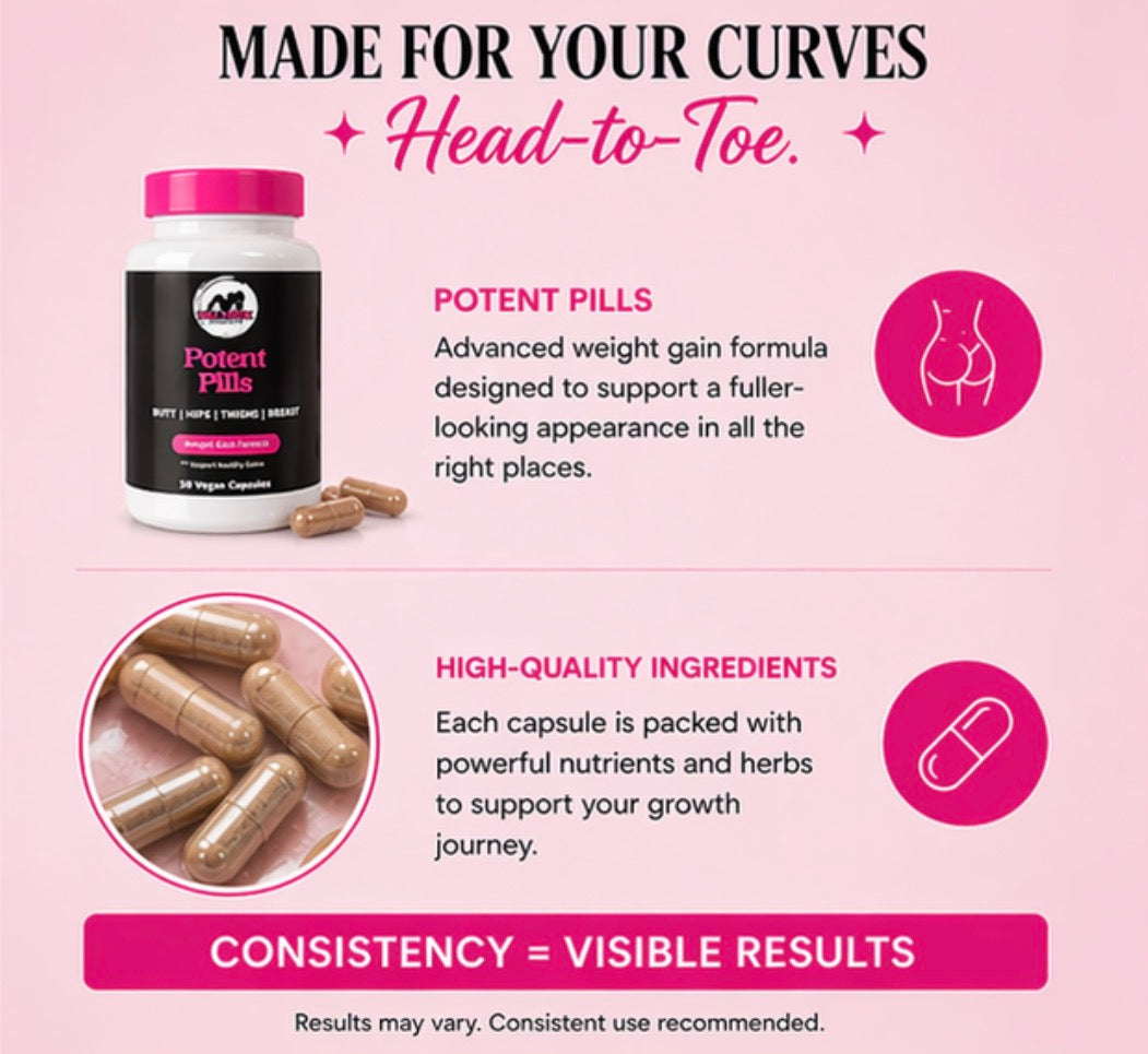 Advertisement for 'Potent Pills' with a pink background and product image.