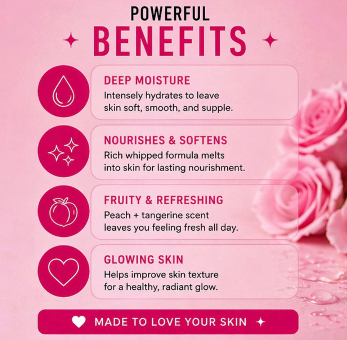 Product benefits listed on a pink background with roses