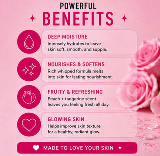 Product benefits listed on a pink background with roses