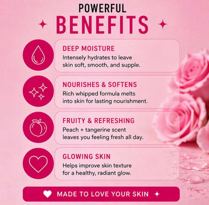 Product benefits listed on a pink background with roses