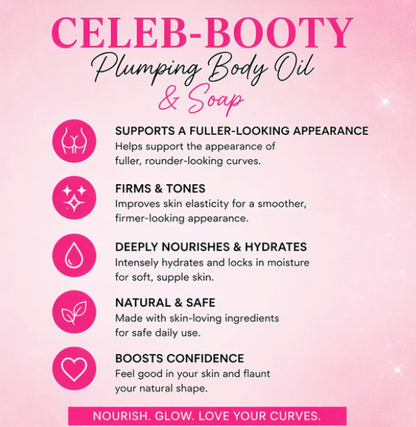Advertisement for 'Celeb-Booty' plumping body oil and soap on a pink background with icons and text.
