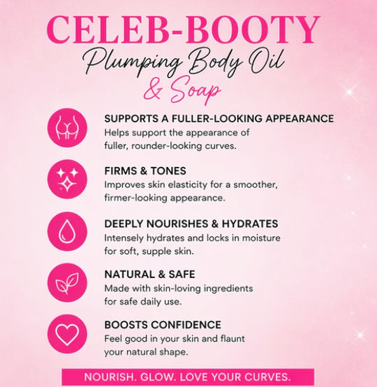 Advertisement for 'Celeb-Booty' plumping body oil and soap on a pink background with icons and text.