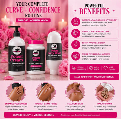 Product lineup with 'Potent Cream', 'Pills', and 'Body Lotion' on a pink background with text about benefits.