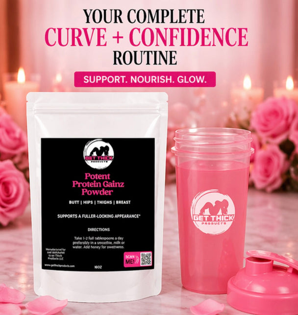 Protein powder package and pink shaker with 'Get Thick' branding on a decorative background with candles and roses.