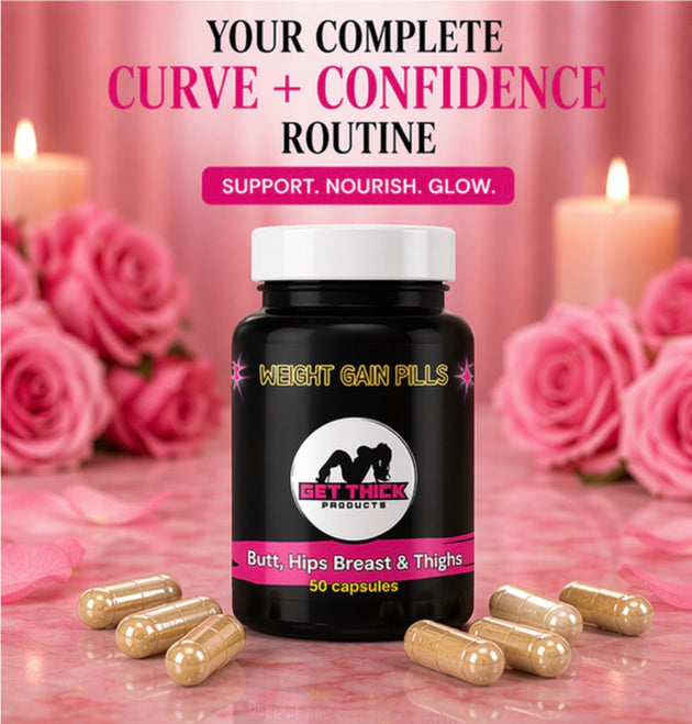 Bottle of weight gain pills with pink roses and candles on a pink background
