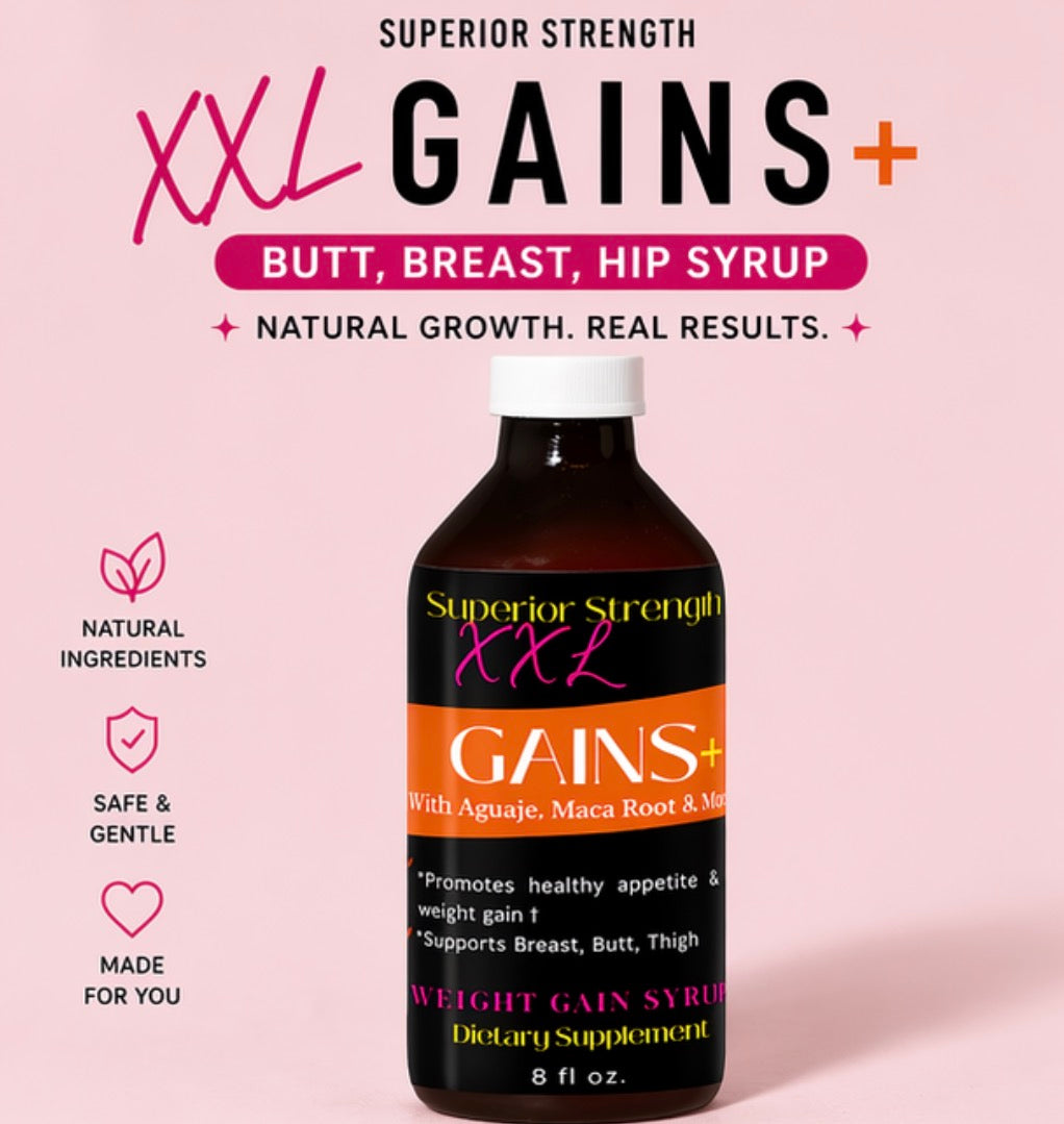 Bottle of 'Superior Strength XXL GAINS+' dietary supplement syrup on a pink background