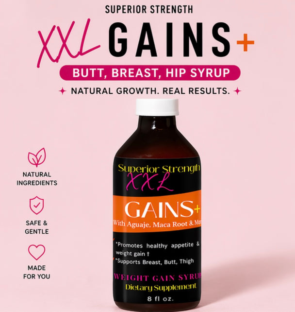 Bottle of 'Superior Strength XXL GAINS+' dietary supplement syrup on a pink background