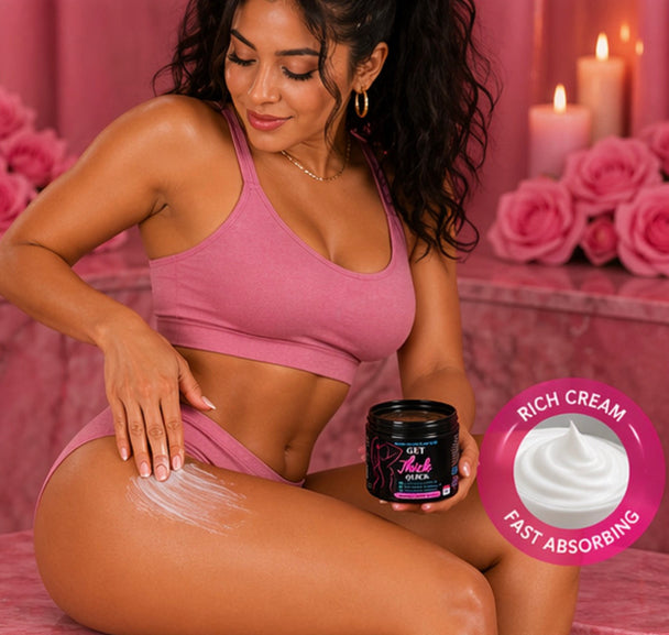 Woman applying cream to her leg with a product container, surrounded by pink roses and candles.