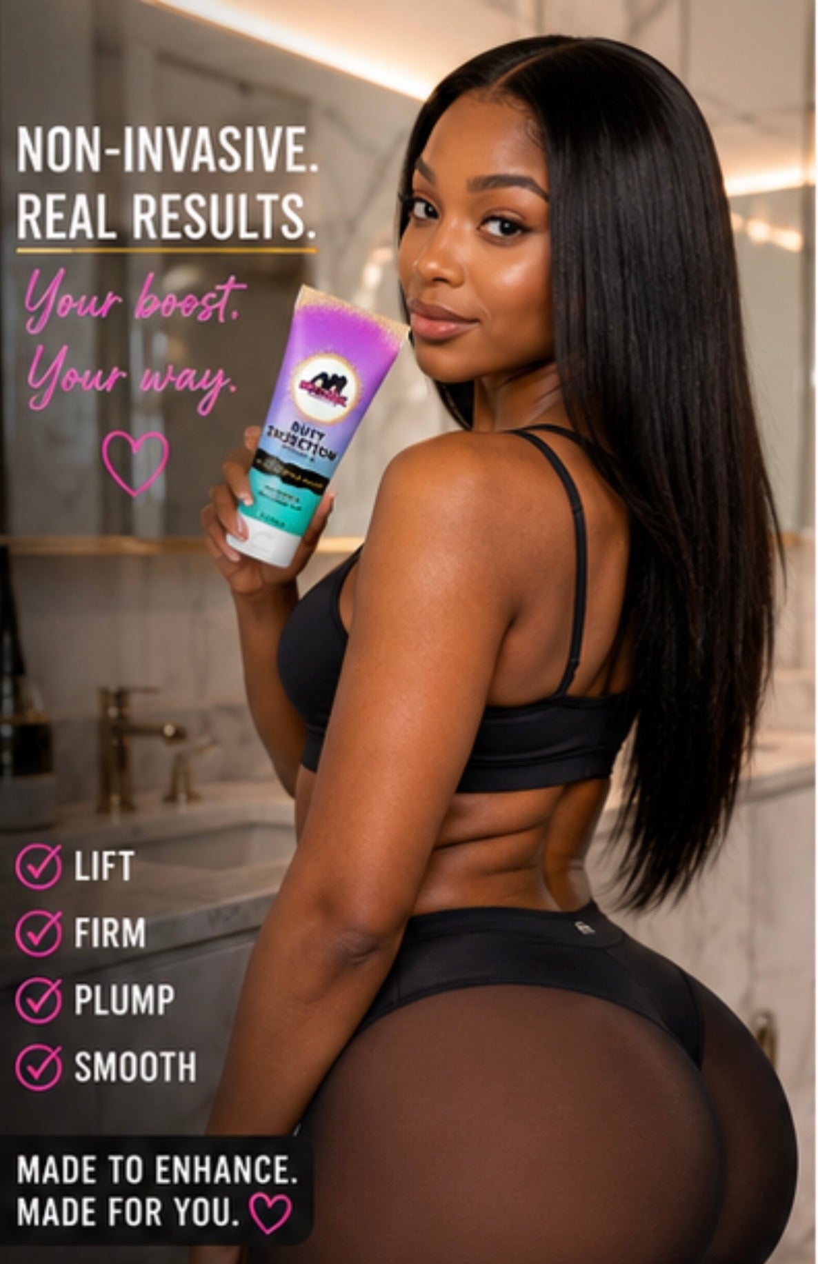 Woman holding a product with text about non-invasive results in a bathroom setting