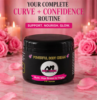 Black jar of 'Powerful Body Cream' with pink roses and candles in the background