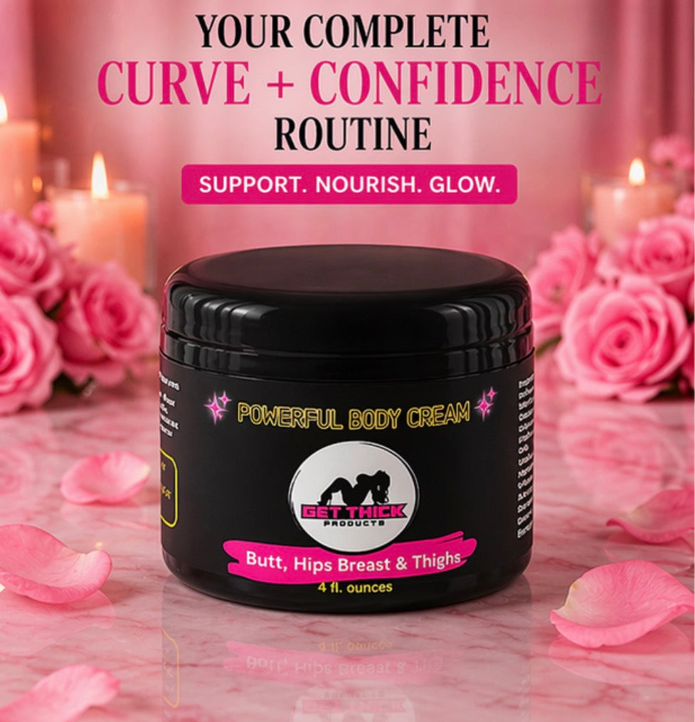 Black jar of 'Powerful Body Cream' with pink roses and candles in the background