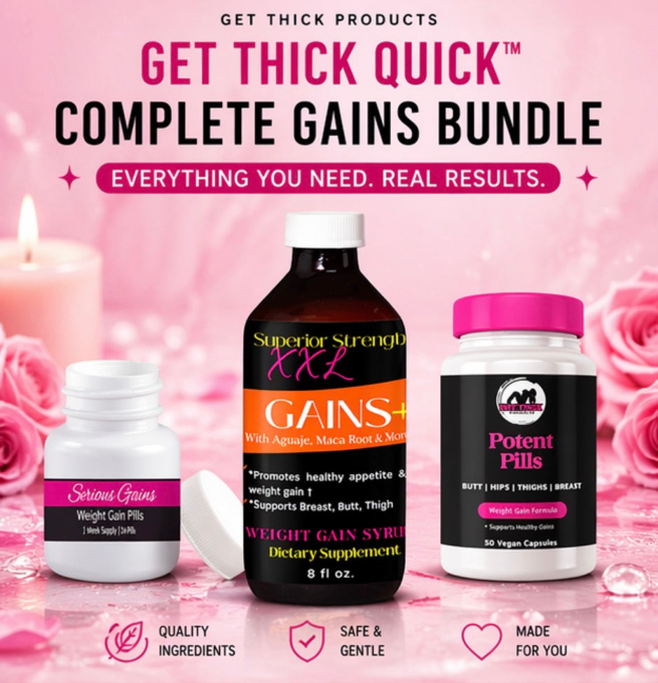 Supplement products with promotional text on a pink background with roses and candles.