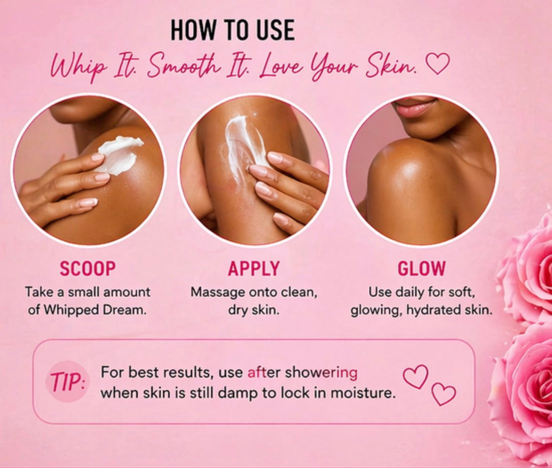 Instructions on how to use a skincare product with pink background and images of skin being applied.