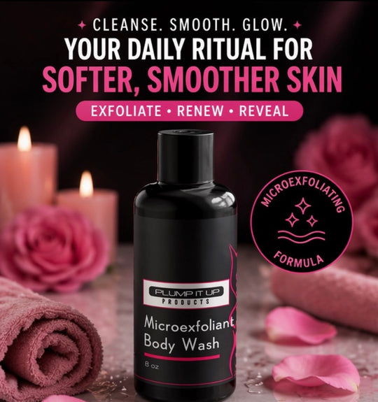 Black bottle of microexfoliant body wash with pink roses and candles on a dark background