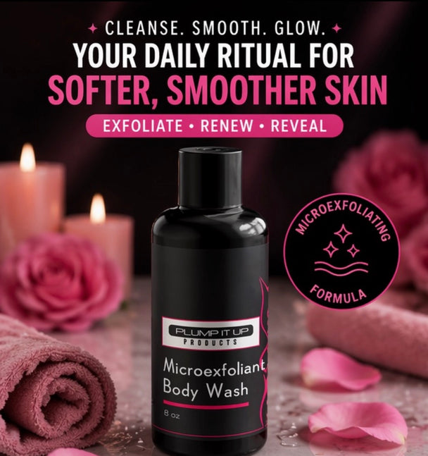 Black bottle of microexfoliant body wash with pink roses and candles on a dark background