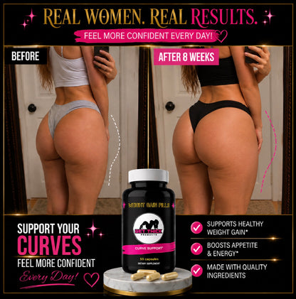 A promotional before-and-after graphic showing two women from behind in underwear, with a bottle of Curve Support dietary supplements centered in front. Text at the top reads 'REAL WOMEN.
