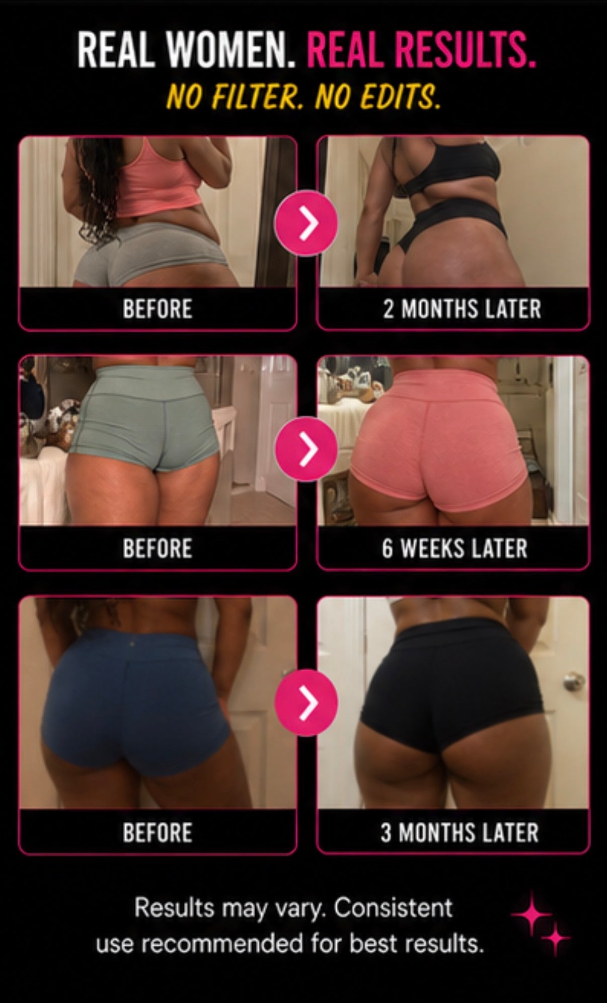 Before and after transformation images of a person's butt with text about results and consistency.