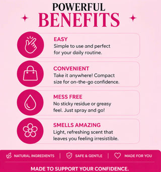 List of benefits on a pink background with icons and text.