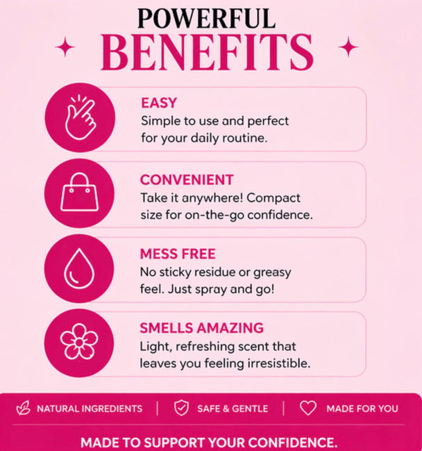 List of benefits on a pink background with icons and text.