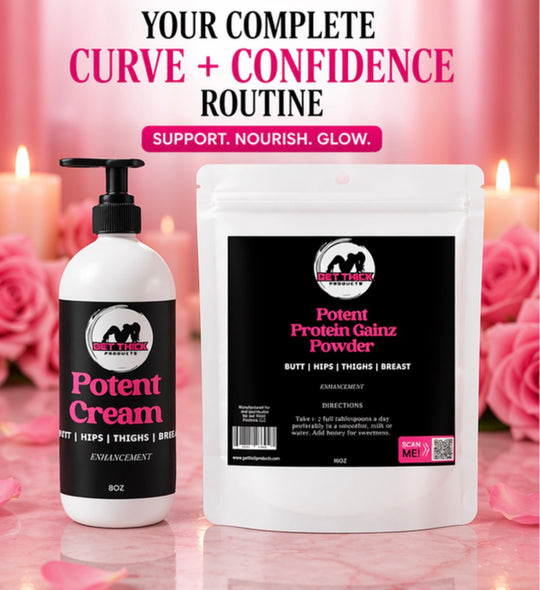 Two products, 'Potent Cream' and 'Potent Protein Gains Powder', on a pink background with candles and roses.