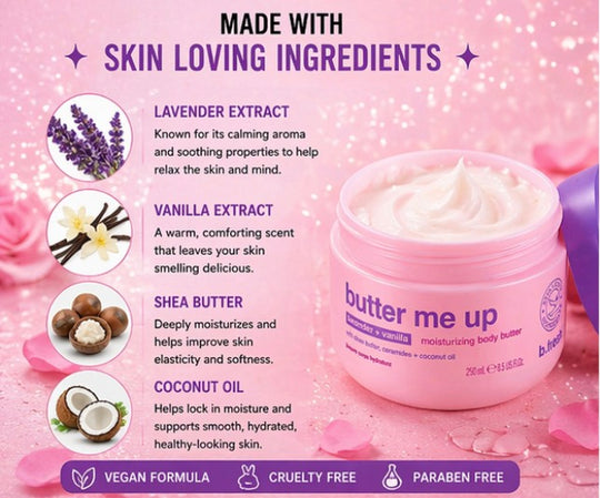 Pink jar of 'butter me up' body butter with ingredients listed on a pink background