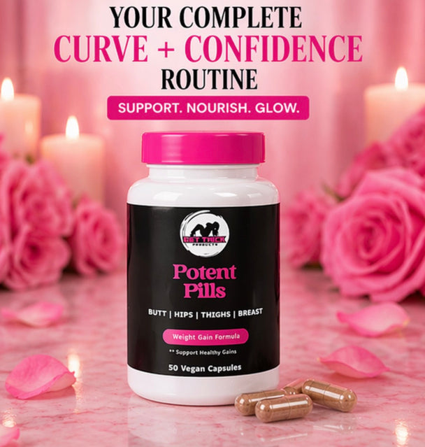 Supplement bottle labeled 'Potent Pills' on a pink background with candles and roses.