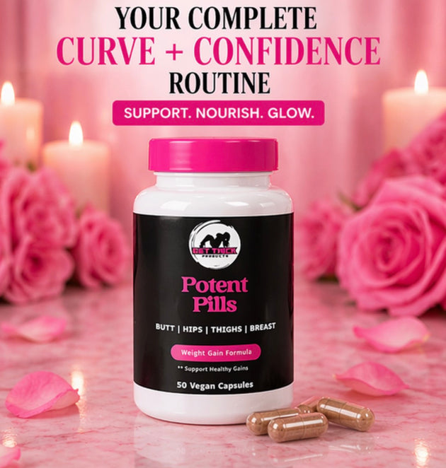 Supplement bottle labeled 'Potent Pills' on a pink background with candles and roses.