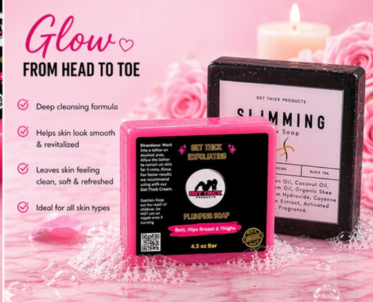 Two bars of soap with promotional text on a pink background with roses and a candle.