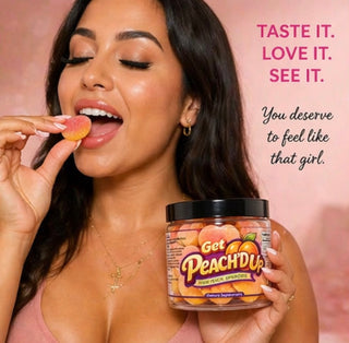 Woman holding a jar of 'Get Peach'd Up' gummies