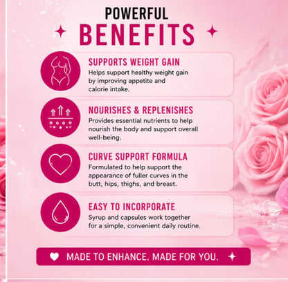 Pink promotional graphic with text about product benefits on a pink background with roses.