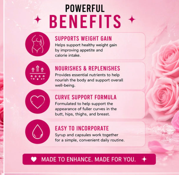 Pink promotional graphic with text about product benefits on a pink background with roses.