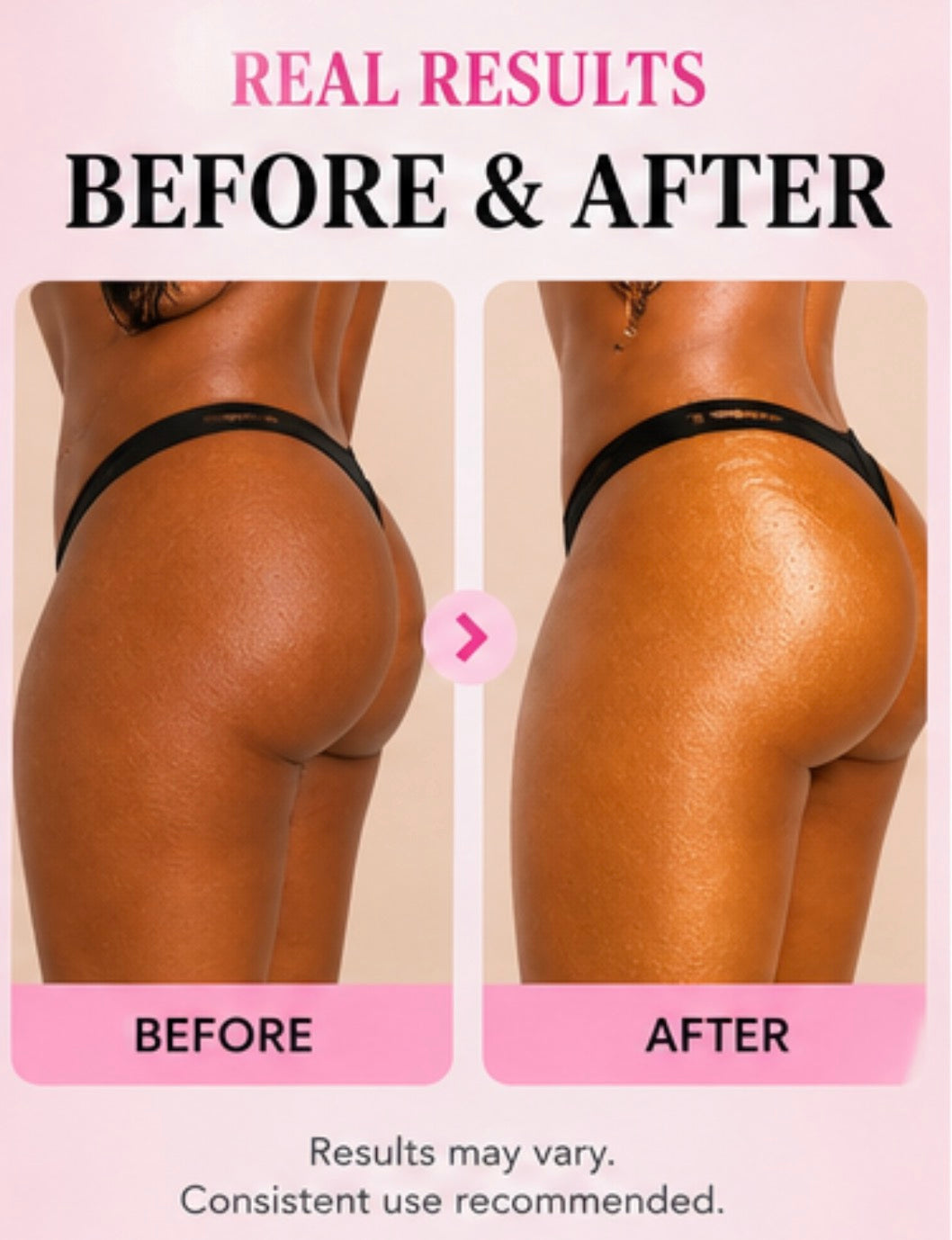 Before and after comparison of a person wearing black underwear on a pink background with text.