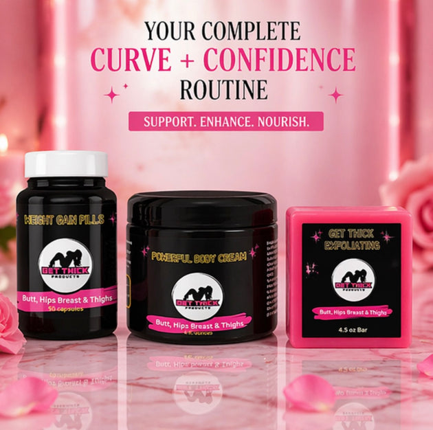 Three product containers with 'Get Thick' branding on a pink background with floral elements.