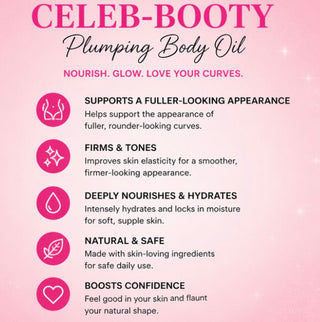Advertisement for Celeb-Booty Plumping Body Oil on a pink background with text highlighting product benefits.