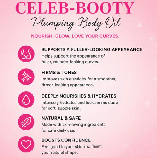 Advertisement for Celeb-Booty Plumping Body Oil on a pink background with text highlighting product benefits.