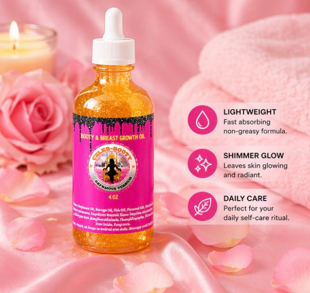 Bottle of beauty and breast growth oil with pink label on a pink background with roses and candles.