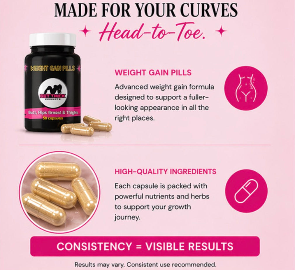 Advertisement for weight gain pills with product packaging and capsules on a pink background.