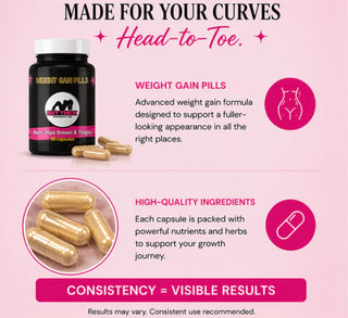 Advertisement for weight gain pills with product packaging and capsules on a pink background.
