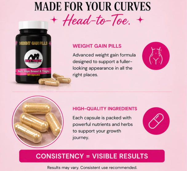 Advertisement for weight gain pills with product packaging and capsules on a pink background.