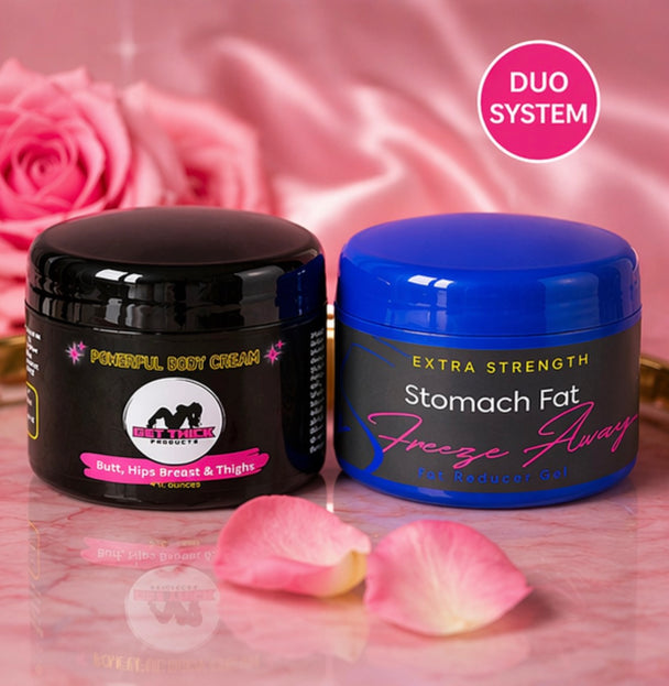 Two body cream jars with pink roses and rose petals on a pink background
