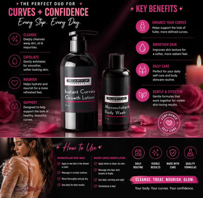 Product advertisement for 'Instant Curves Growth Lotion' and 'Microexfoliant Body Wash' with key benefits and usage instructions.