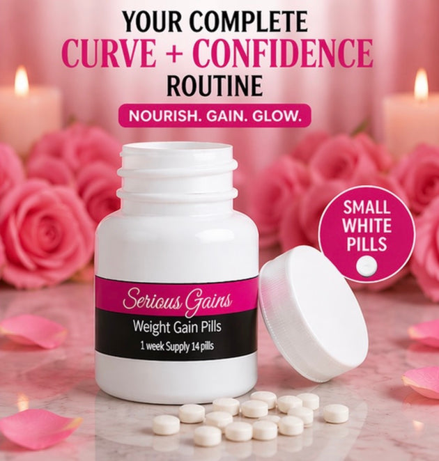 White bottle of 'Serious Gains' weight gain pills with pink roses and candles in the background
