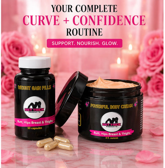 Weight gain pills and body cream with 'Get Thick' branding on a pink floral background.