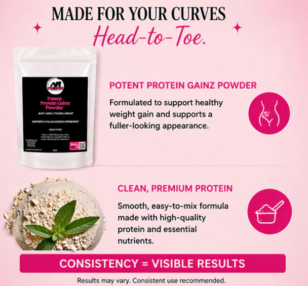 Protein powder package with text on a pink background
