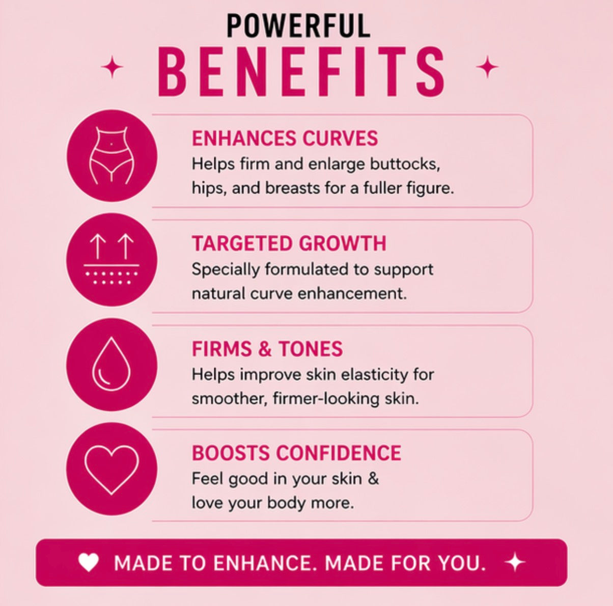 List of benefits on a pink background with icons and text.