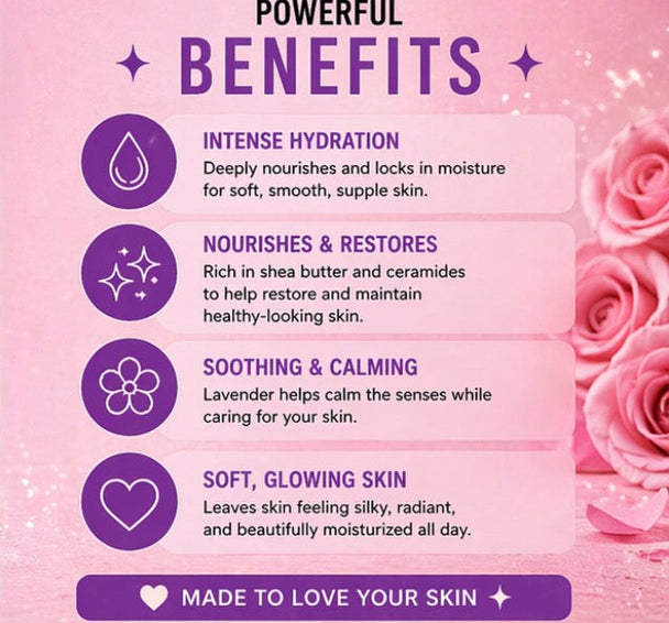 Product benefits listed on a pink background with roses, including intense hydration, nourishment, soothing effects, and soft glowing skin.