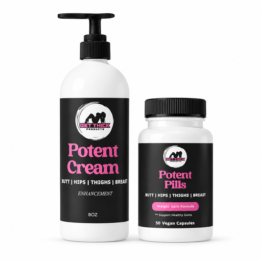 Two supplement containers from Get Thick Products on a white background: a large white pump bottle labeled 'Potent Cream' and a smaller white bottle labeled 'Potent Pills' with 50 vegan capsules.